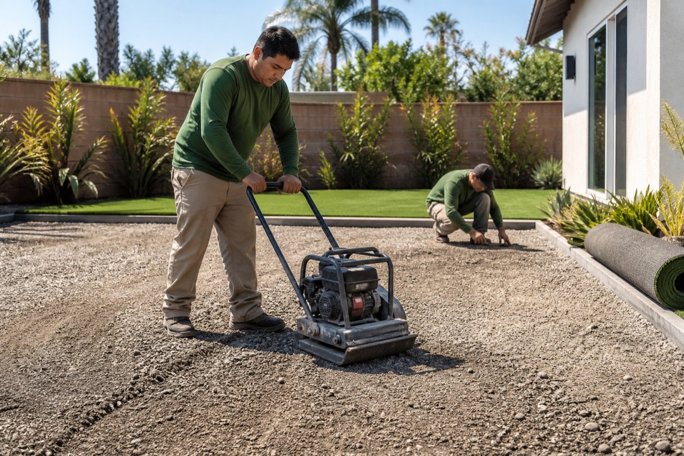 Crew compacting the crushed rock base before artificial turf installation in an Encino backyard