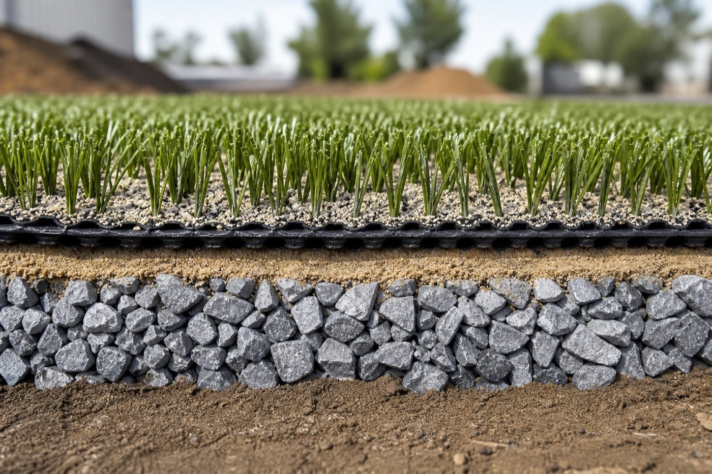 Layers under artificial turf installation: compacted crushed rock base, turf backing, and sand infill