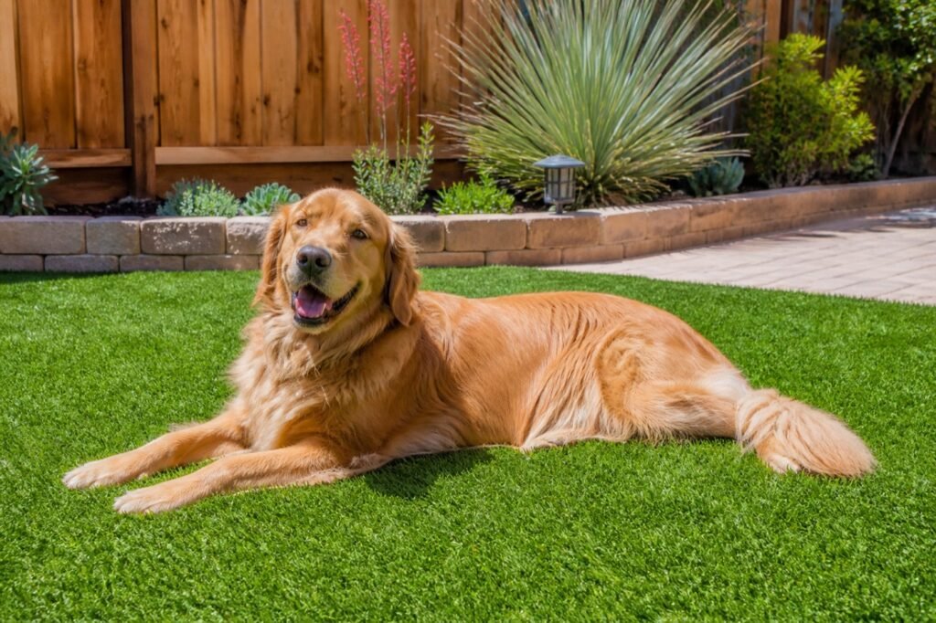Golden retriever lying on artificial pet turf in a sunny Encino backyard