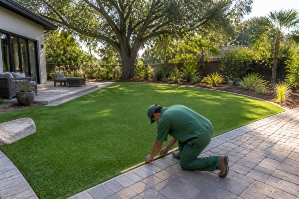Installer measuring a new artificial turf lawn beside a paver patio in an Encino backyard