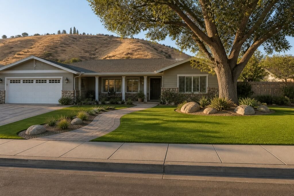 Artificial turf front yard of a ranch-style Encino home with a paver walkway and oak tree