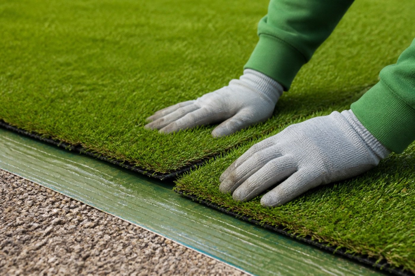 Installer pressing an artificial turf seam onto seam tape during installation