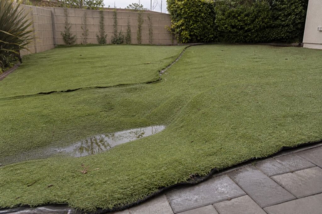 Failed artificial turf installation with a separated seam, wrinkles, and a pooling low spot