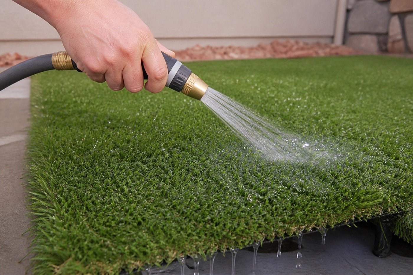 Rinsing artificial pet turf with a hose so water drains through the infill and backing