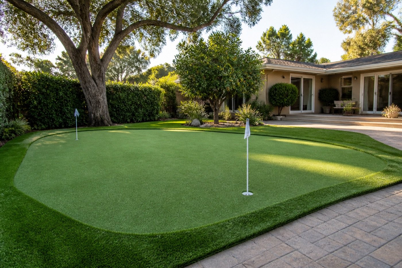 Backyard putting green installation in Encino with artificial turf, two cups and fringe turf