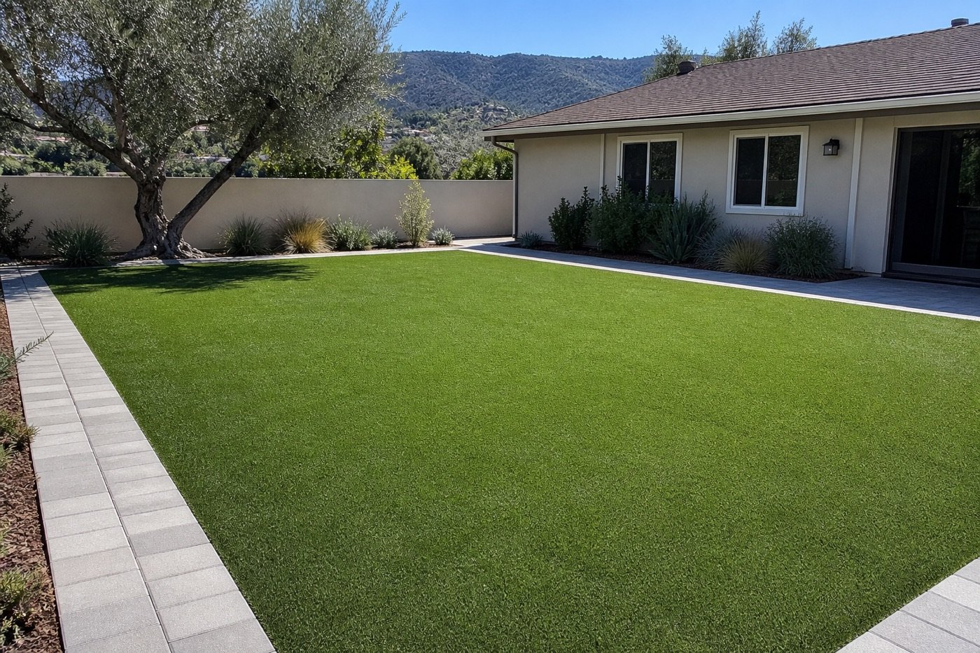 Artificial turf installation in a Sherman Oaks backyard with a paver border