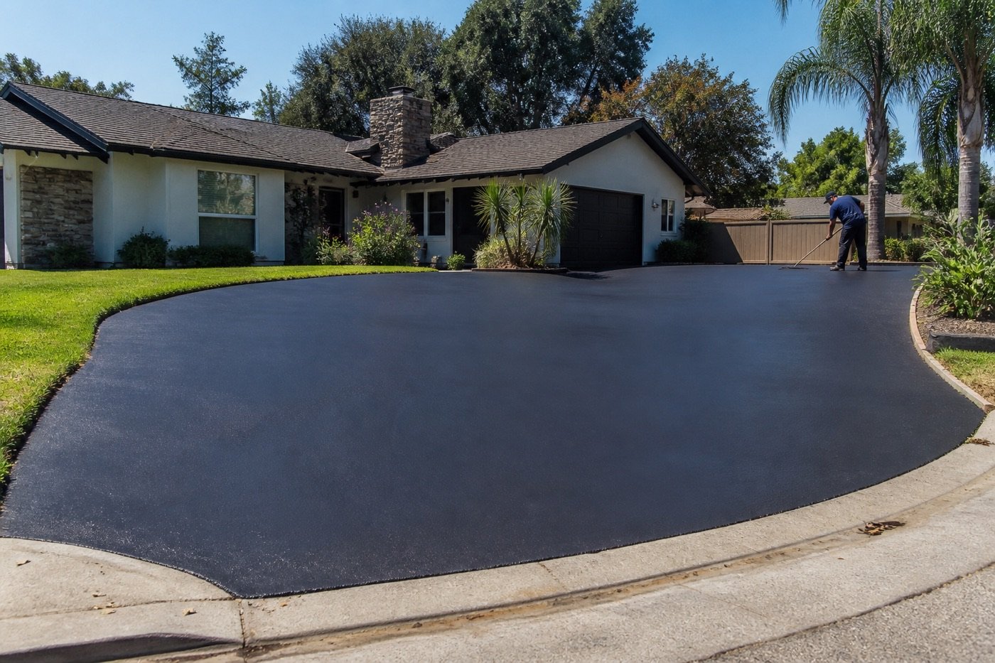 Freshly paved and sealcoated asphalt driveway in front of a San Fernando Valley home