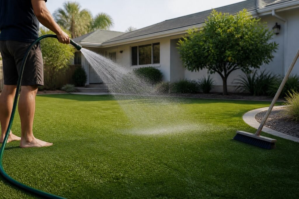 Homeowner rinsing an artificial turf lawn with a garden hose to clean it