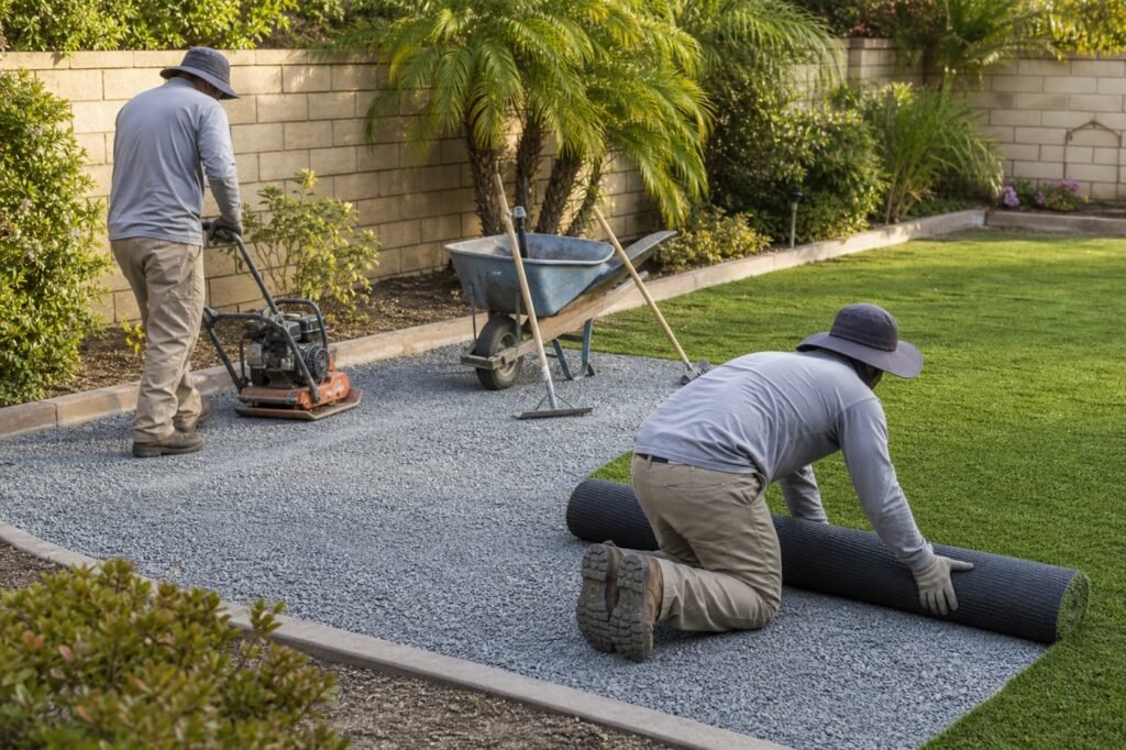Crew compacting a crushed rock base and unrolling artificial turf during installation
