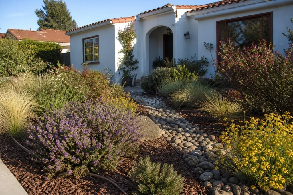 Los Angeles front yard converted from lawn to California native plants with mulch and a dry river rock swale
