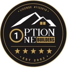 Option 1 Builders logo, licensed contractor #1122918, est. 2002