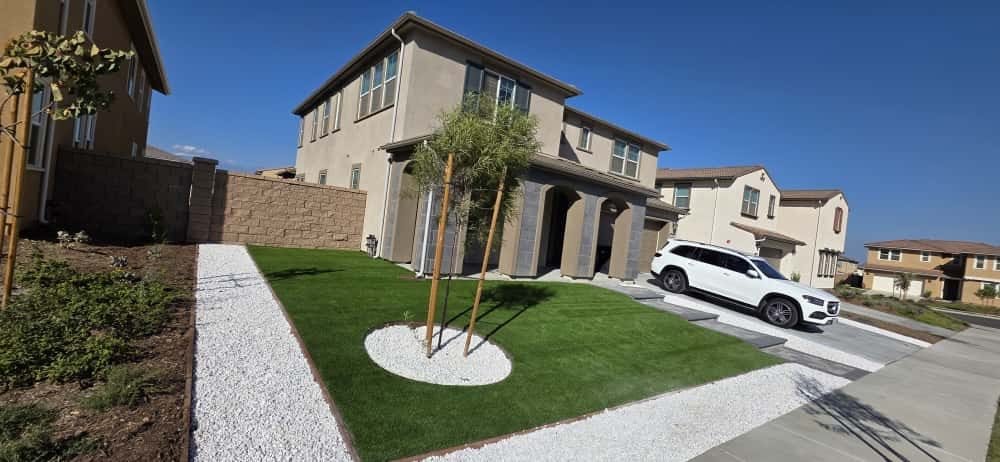 Front yard artificial turf installation in Sherman Oaks by Option 1 Builders