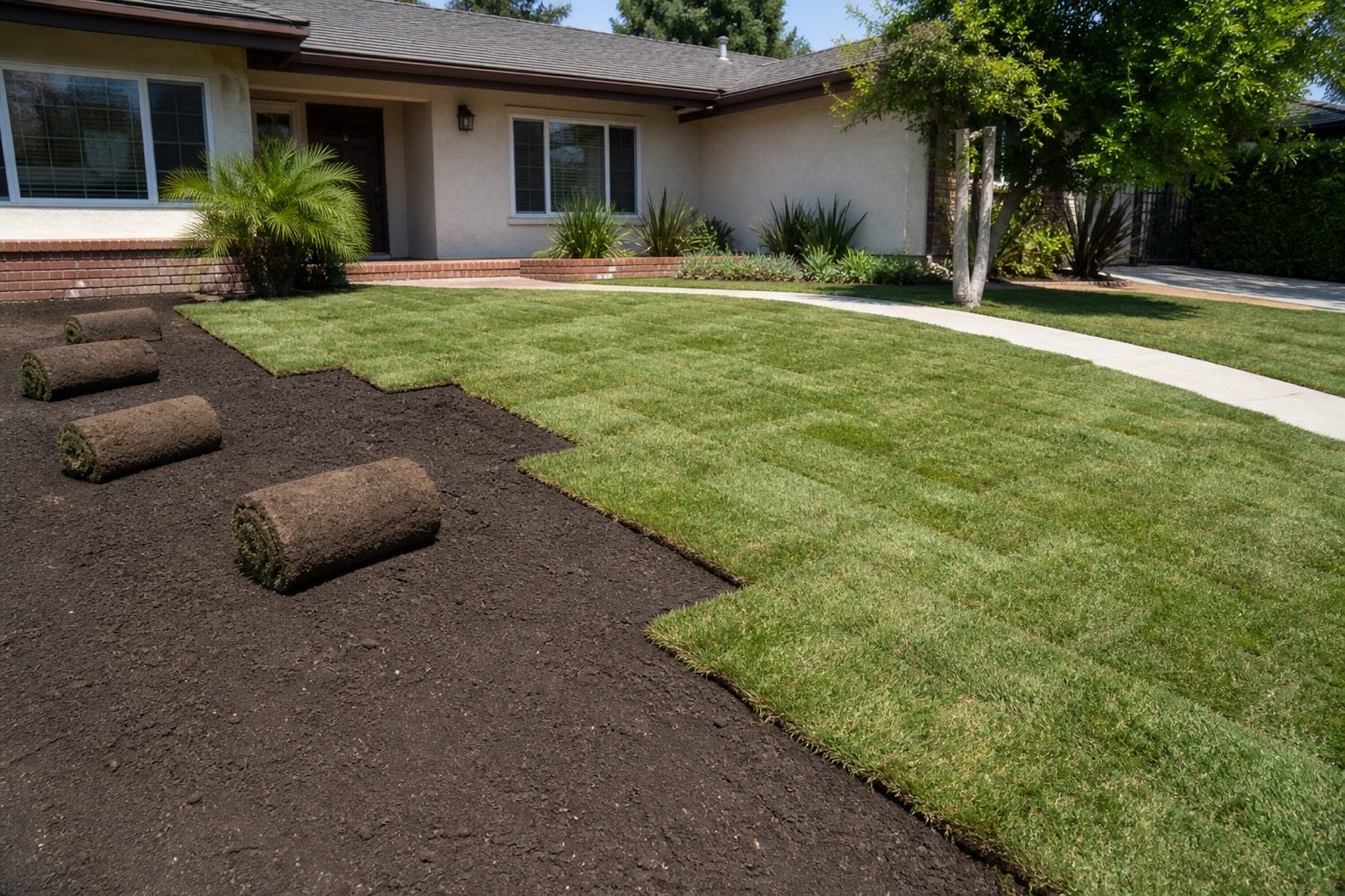 Fresh sod installation on a front yard in Encino with sod rolls on graded soil