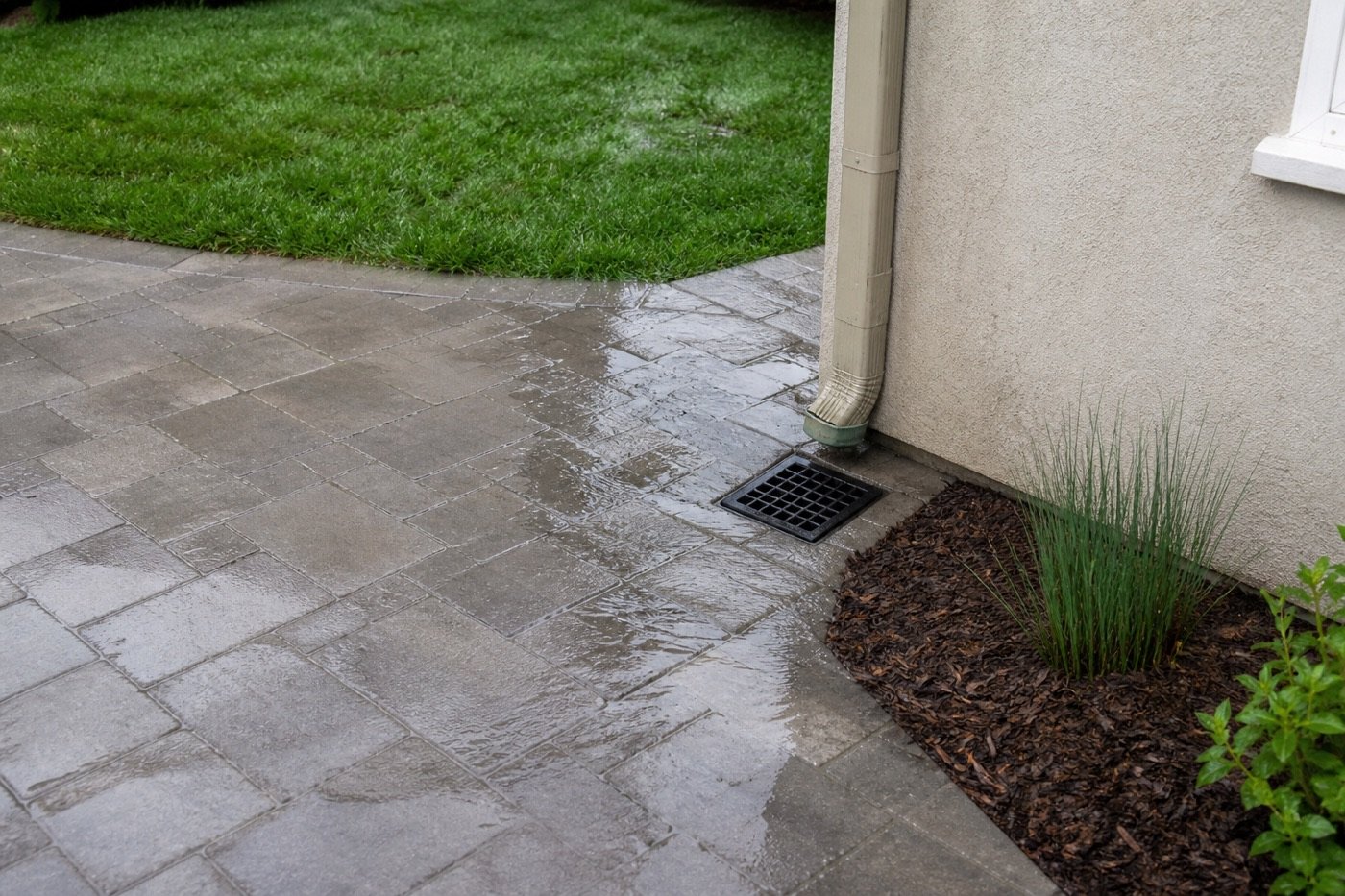 Yard drain set in a paver patio for yard drainage in Encino